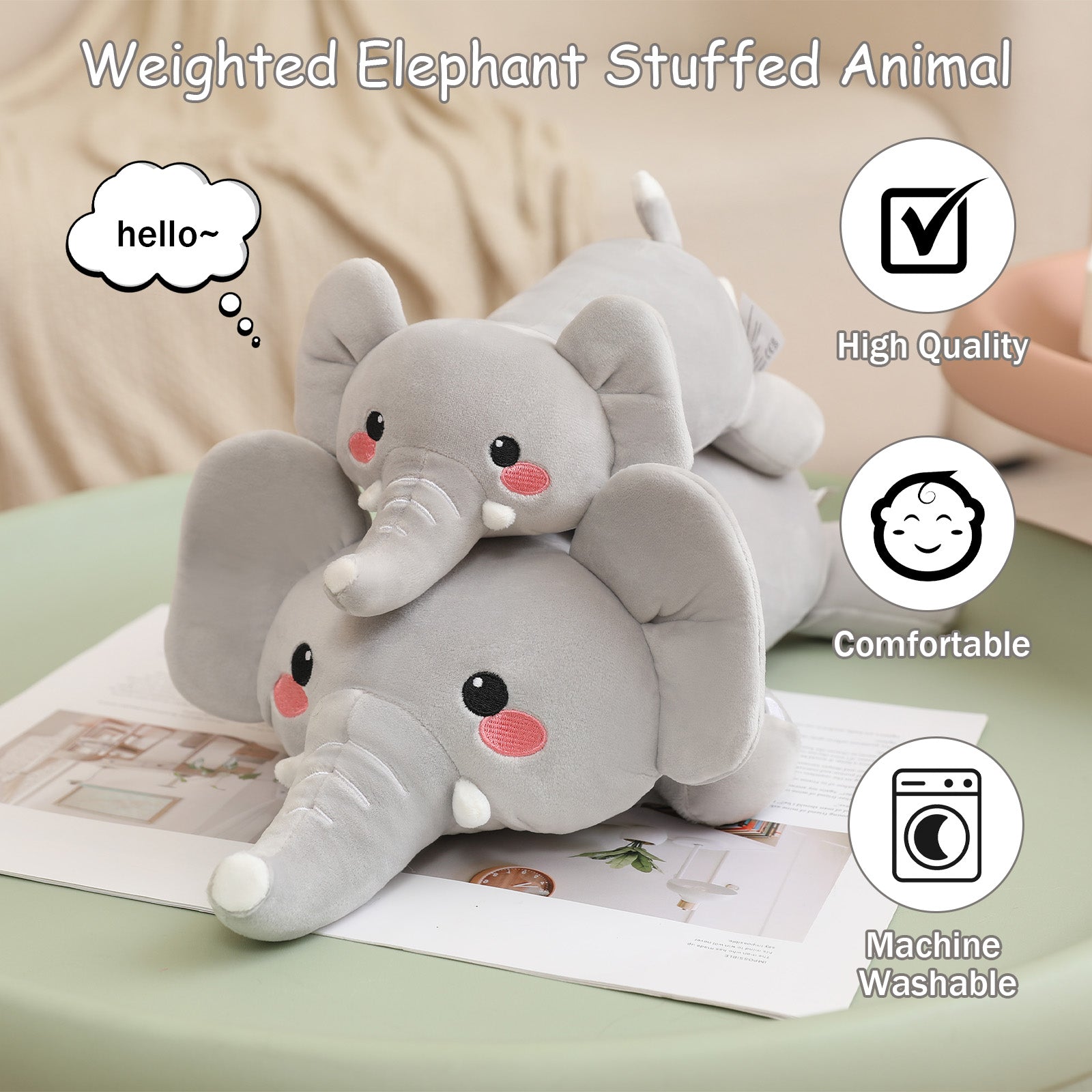 SQEQE weighted elephant stuffed animal stacked in three size options in a product feature graphic