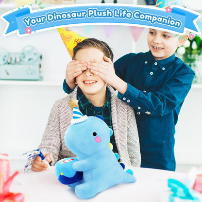 SQEQE birthday dinosaur stuffed animal featured during a birthday surprise between children