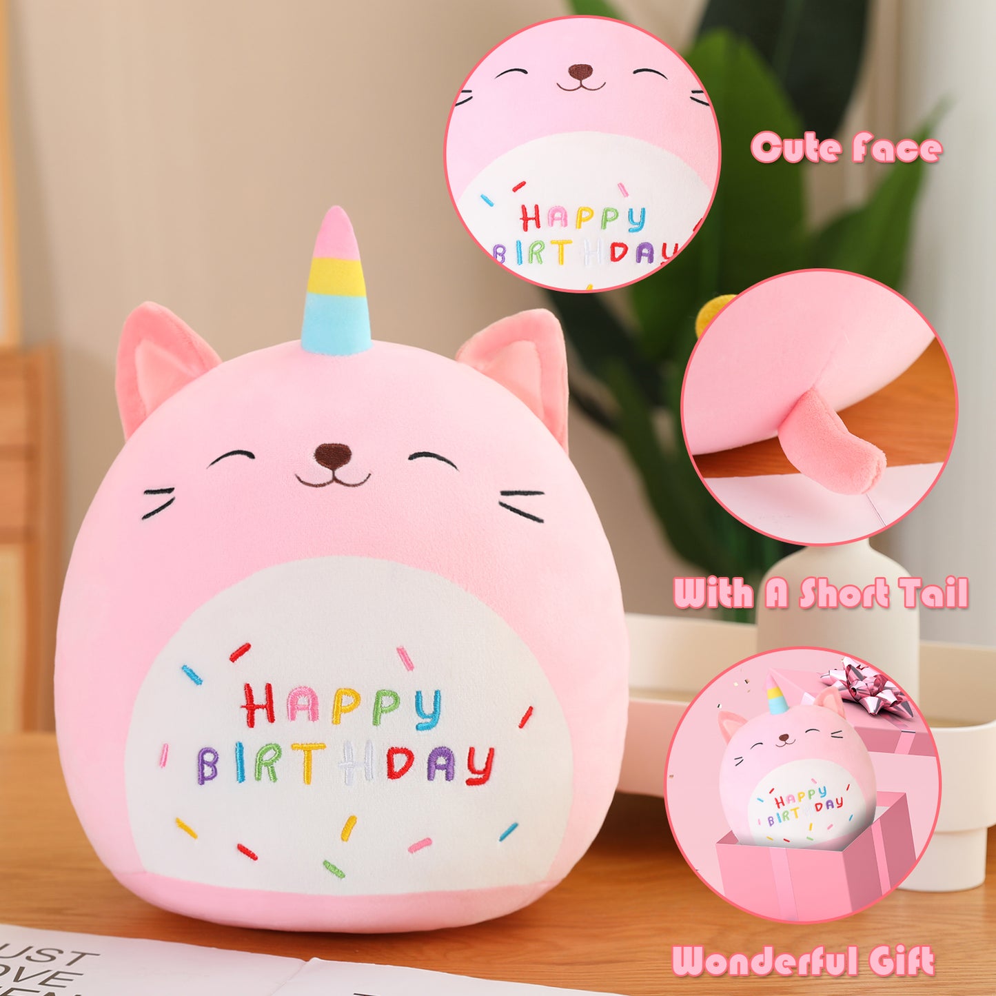 SQEQE birthday cat plush pillow displayed at a decorated birthday table