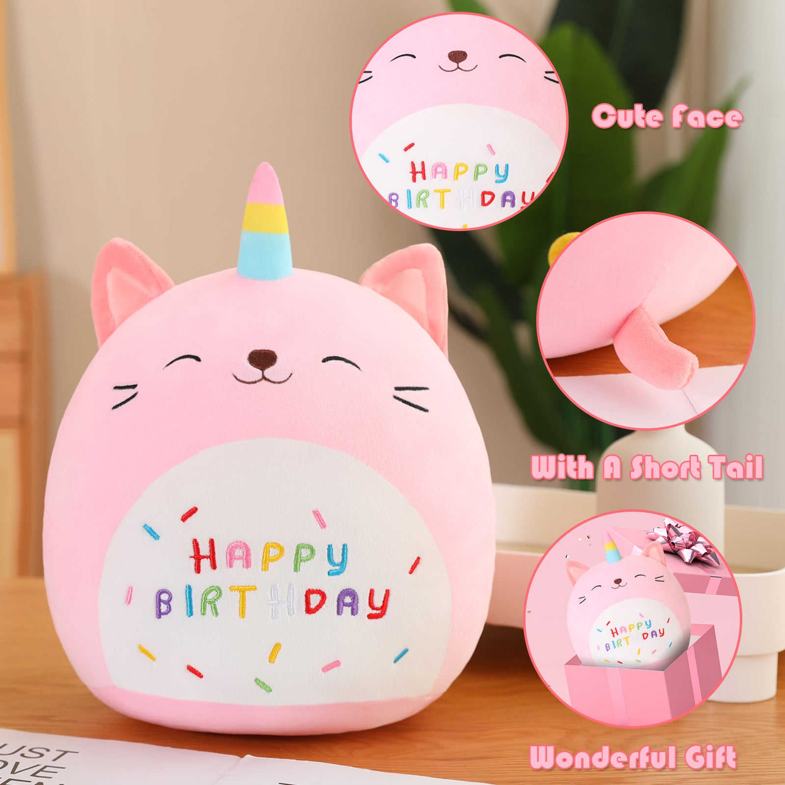 SQEQE birthday cat plush pillow displayed at a decorated birthday table