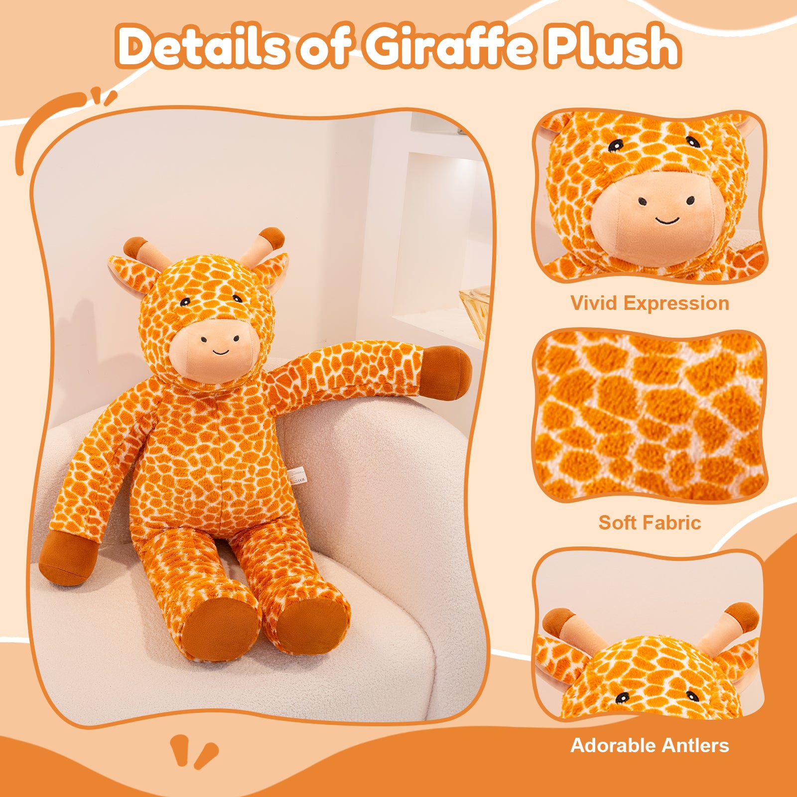 SQEQE giant giraffe stuffed animal featured in a product detail and fabric guide