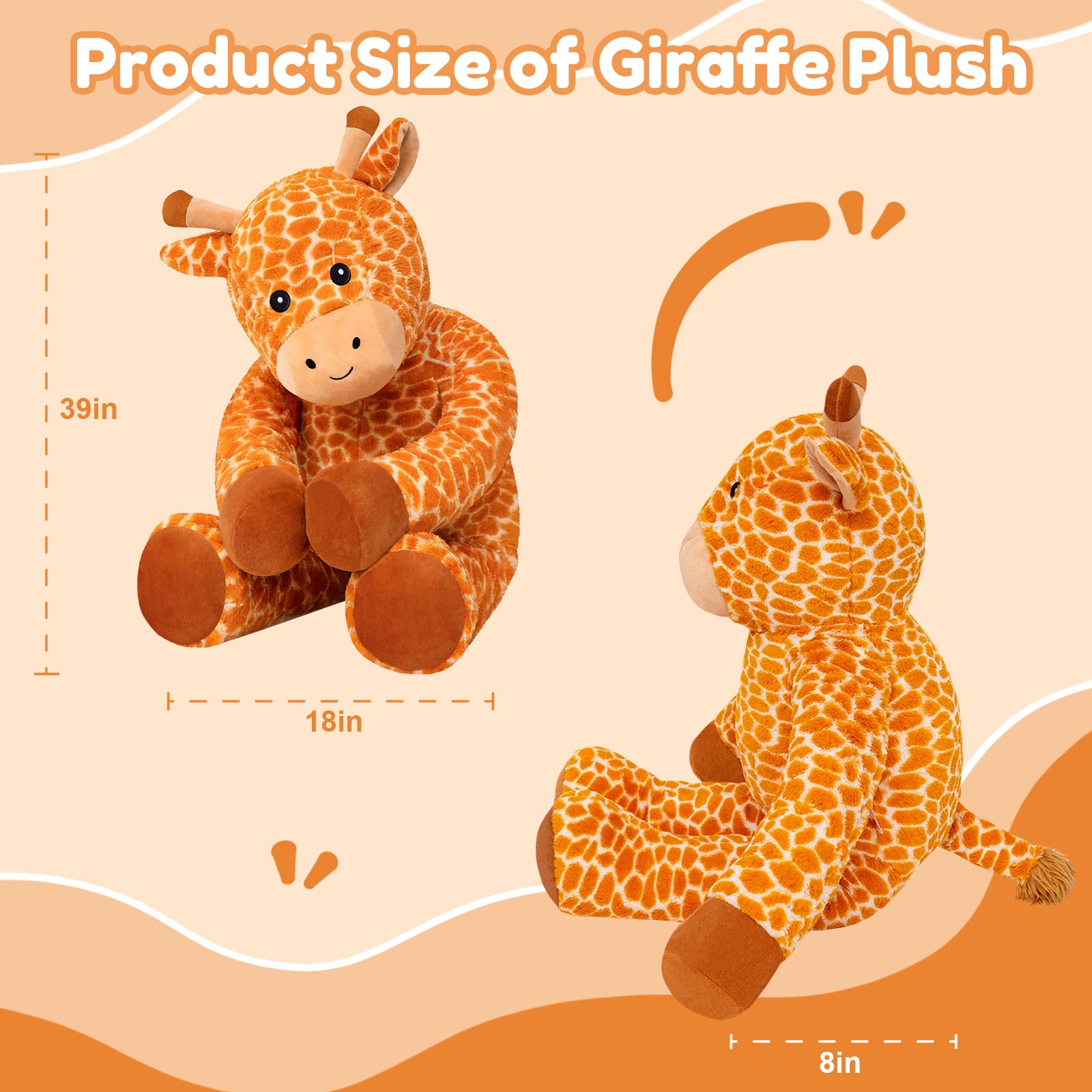 SQEQE giant giraffe stuffed animal shown in a size guide with front and side measurements