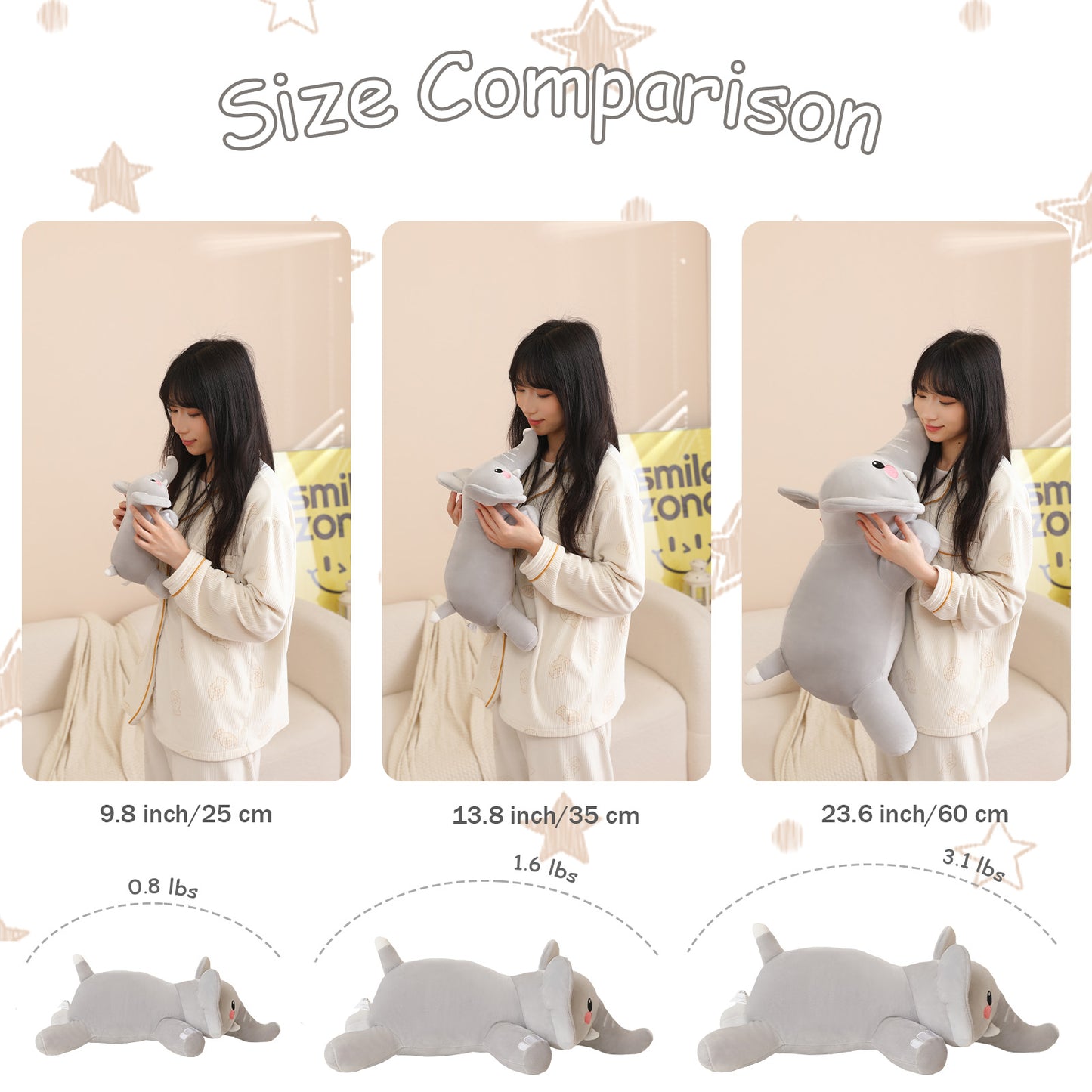 SQEQE weighted elephant stuffed animal shown in a size comparison with three available lengths