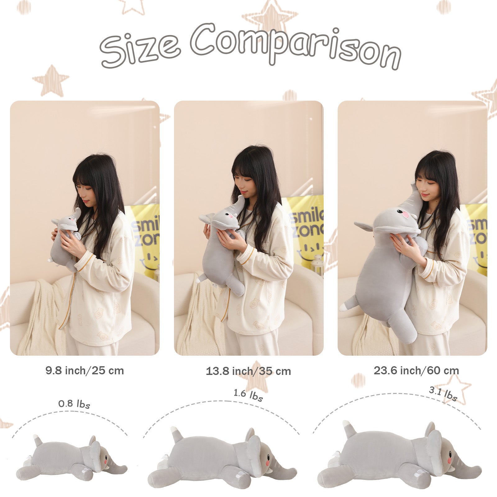 SQEQE weighted elephant stuffed animal shown in a size comparison with three available lengths