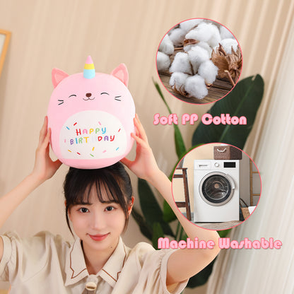 SQEQE birthday cat plush pillow held overhead in a washable plush feature graphic