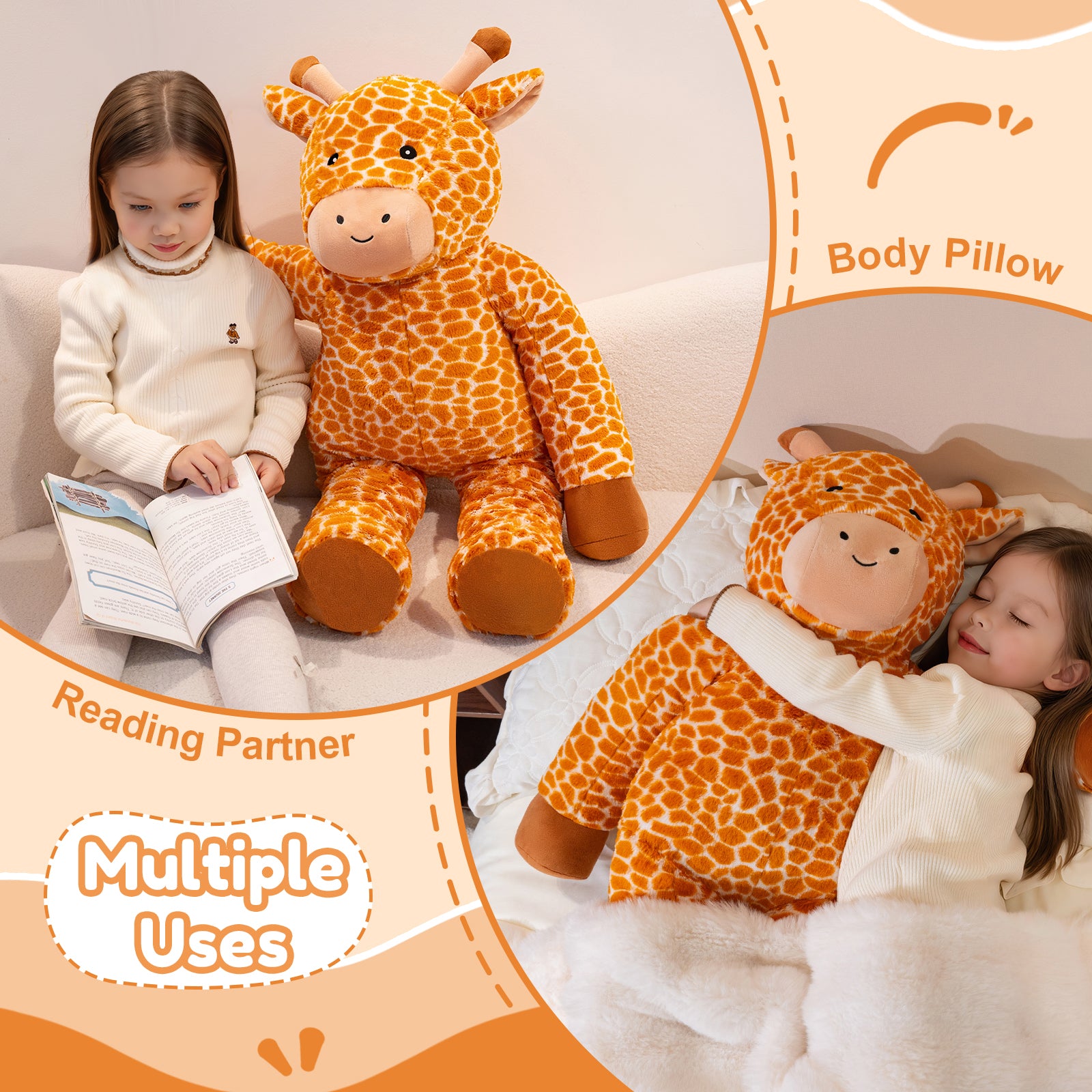 SQEQE giant giraffe stuffed animal used as a reading companion and body pillow