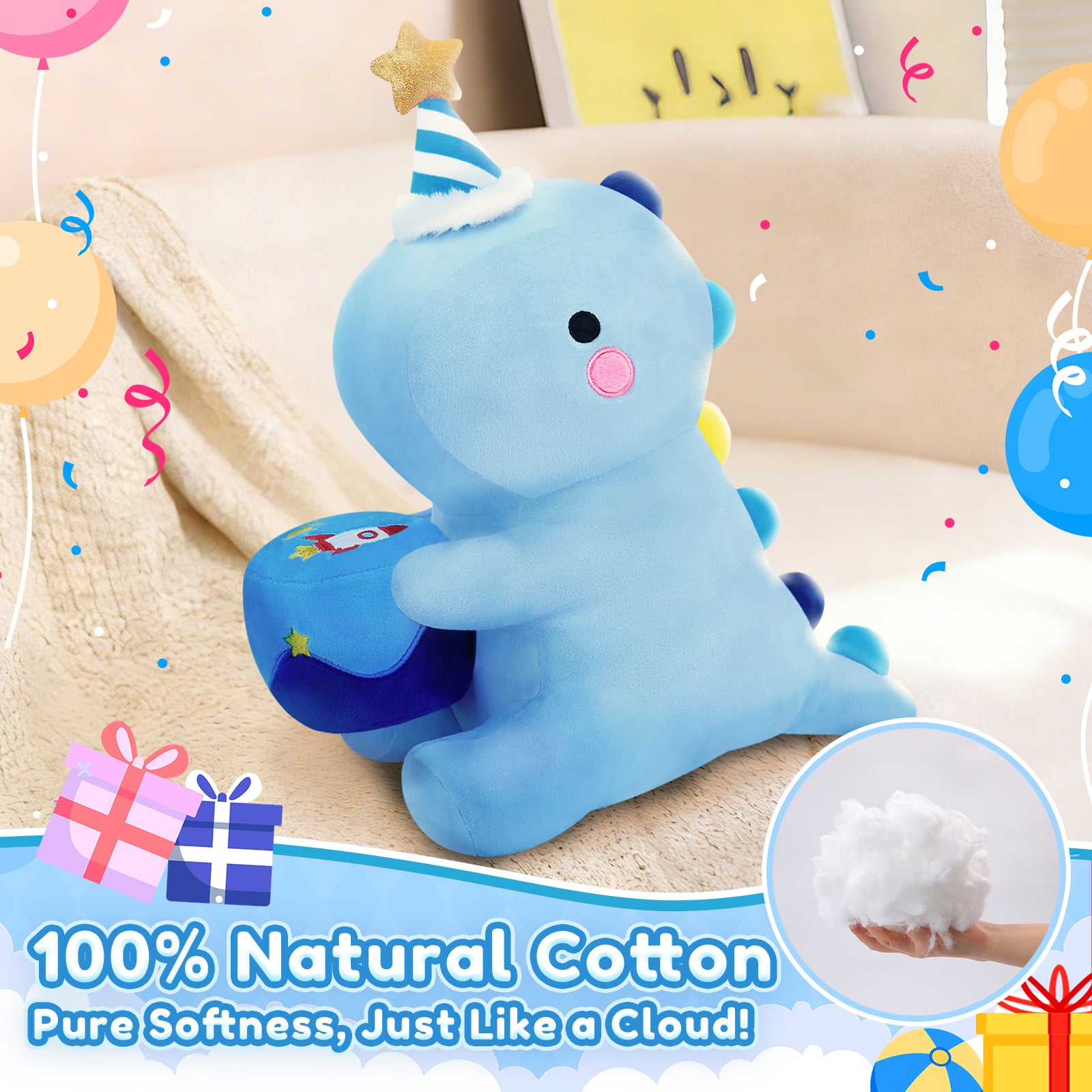 SQEQE birthday dinosaur stuffed animal displayed on a bed with visible plush texture