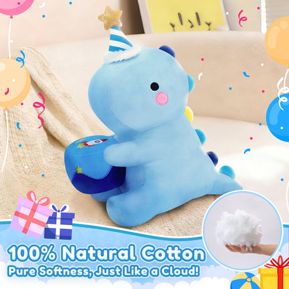 SQEQE birthday dinosaur stuffed animal displayed on a bed with visible plush texture