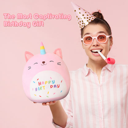SQEQE birthday cat plush pillow featured in a product detail graphic