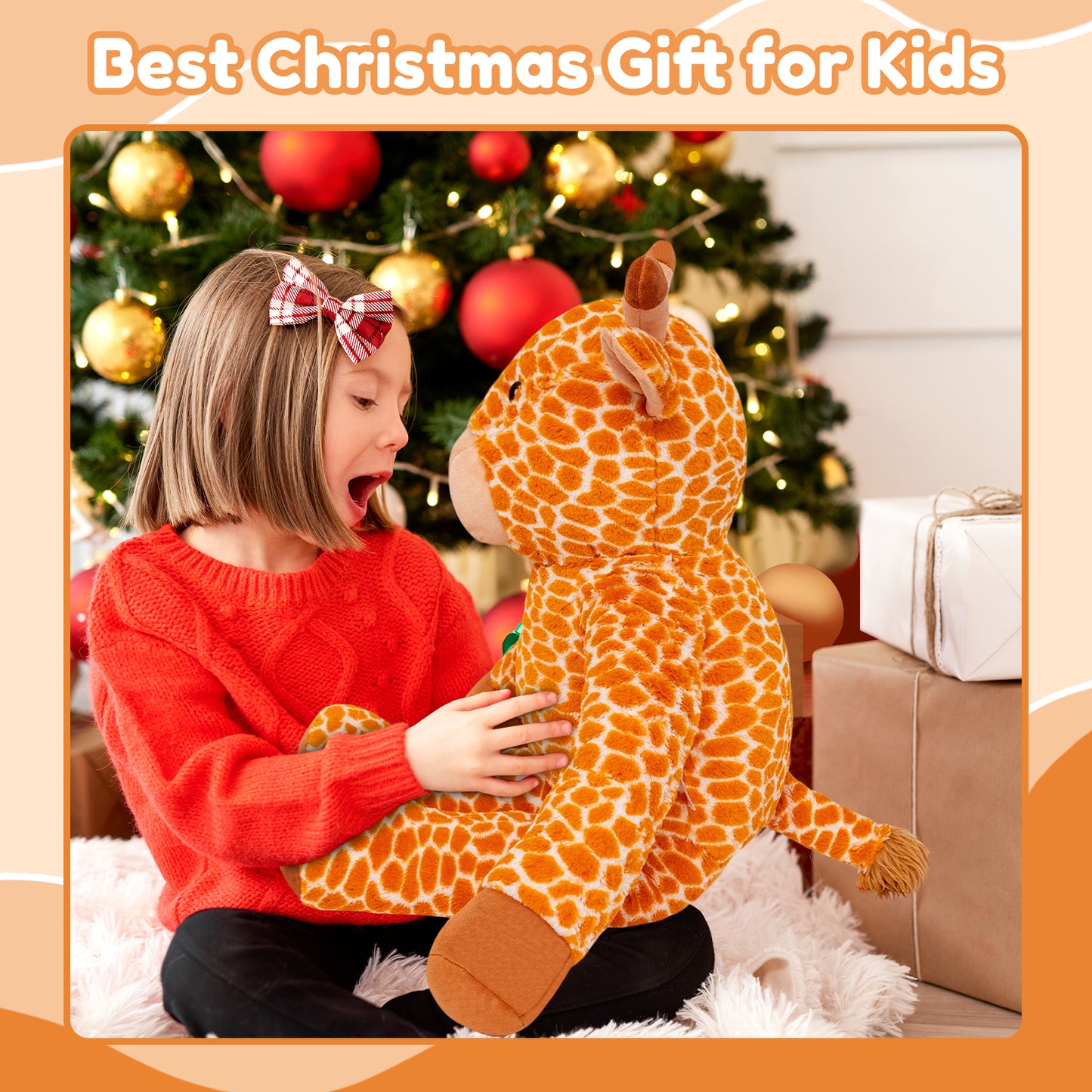 SQEQE giant giraffe stuffed animal held by a child near a Christmas tree