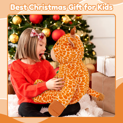 SQEQE giant giraffe stuffed animal held by a child near a Christmas tree
