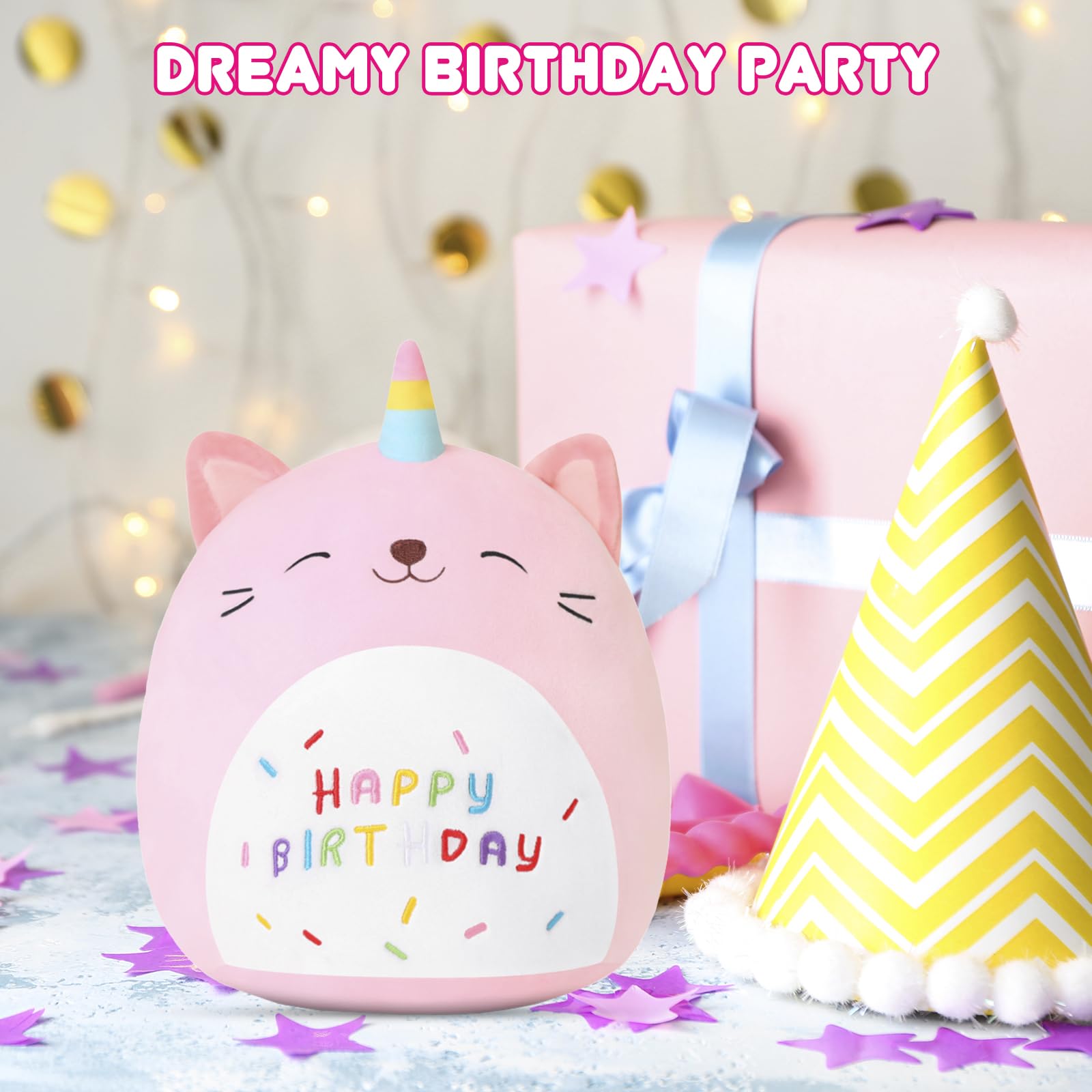 SQEQE birthday cat plush pillow held by children during a birthday gift moment