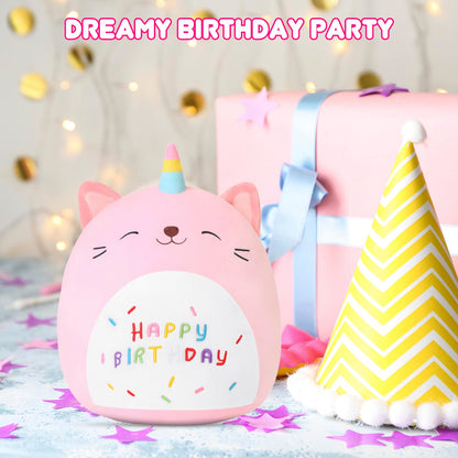 SQEQE birthday cat plush pillow held by children during a birthday gift moment