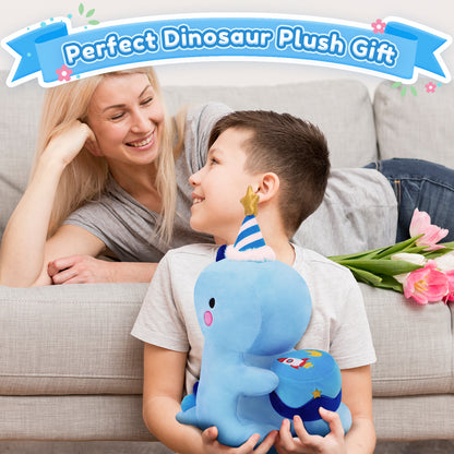SQEQE birthday dinosaur stuffed animal held by a child during a family celebration