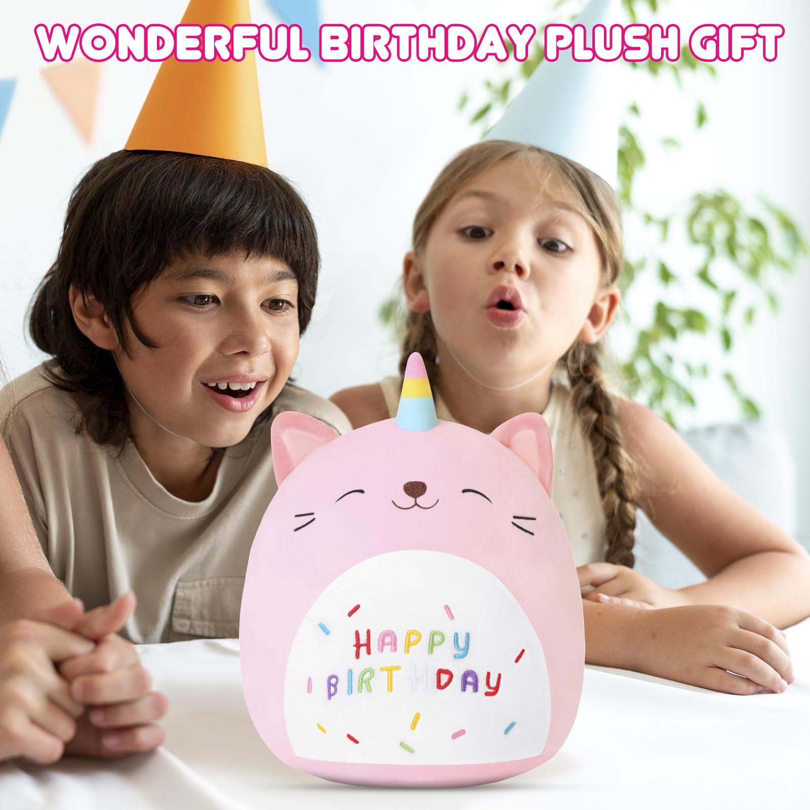 SQEQE birthday cat plush pillow shown in a second product detail layout