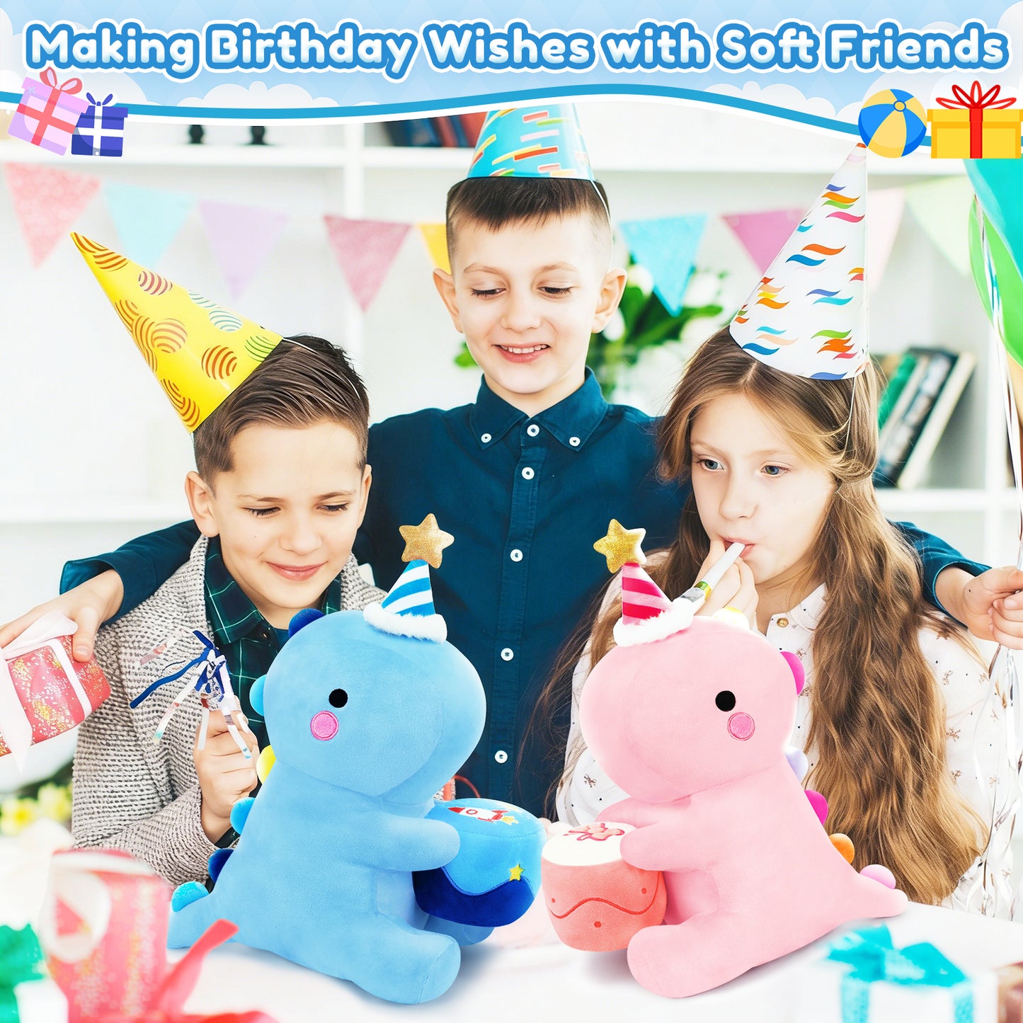 SQEQE birthday dinosaur stuffed animal shown with a matching dinosaur plush at a birthday gathering