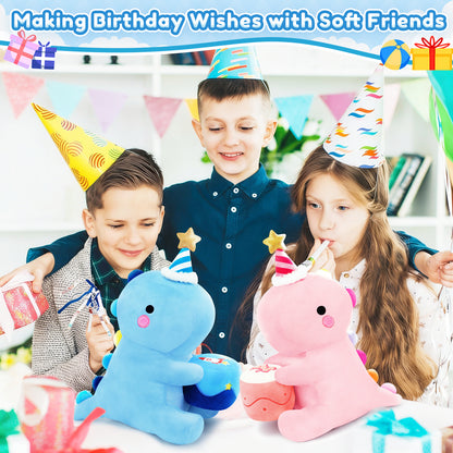SQEQE birthday dinosaur stuffed animal shown with a matching dinosaur plush at a birthday gathering