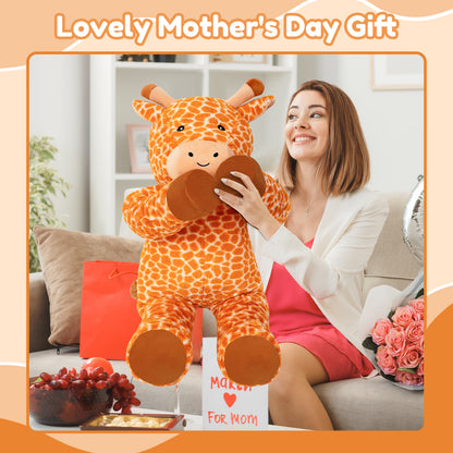 SQEQE giant giraffe stuffed animal held during a family gift moment