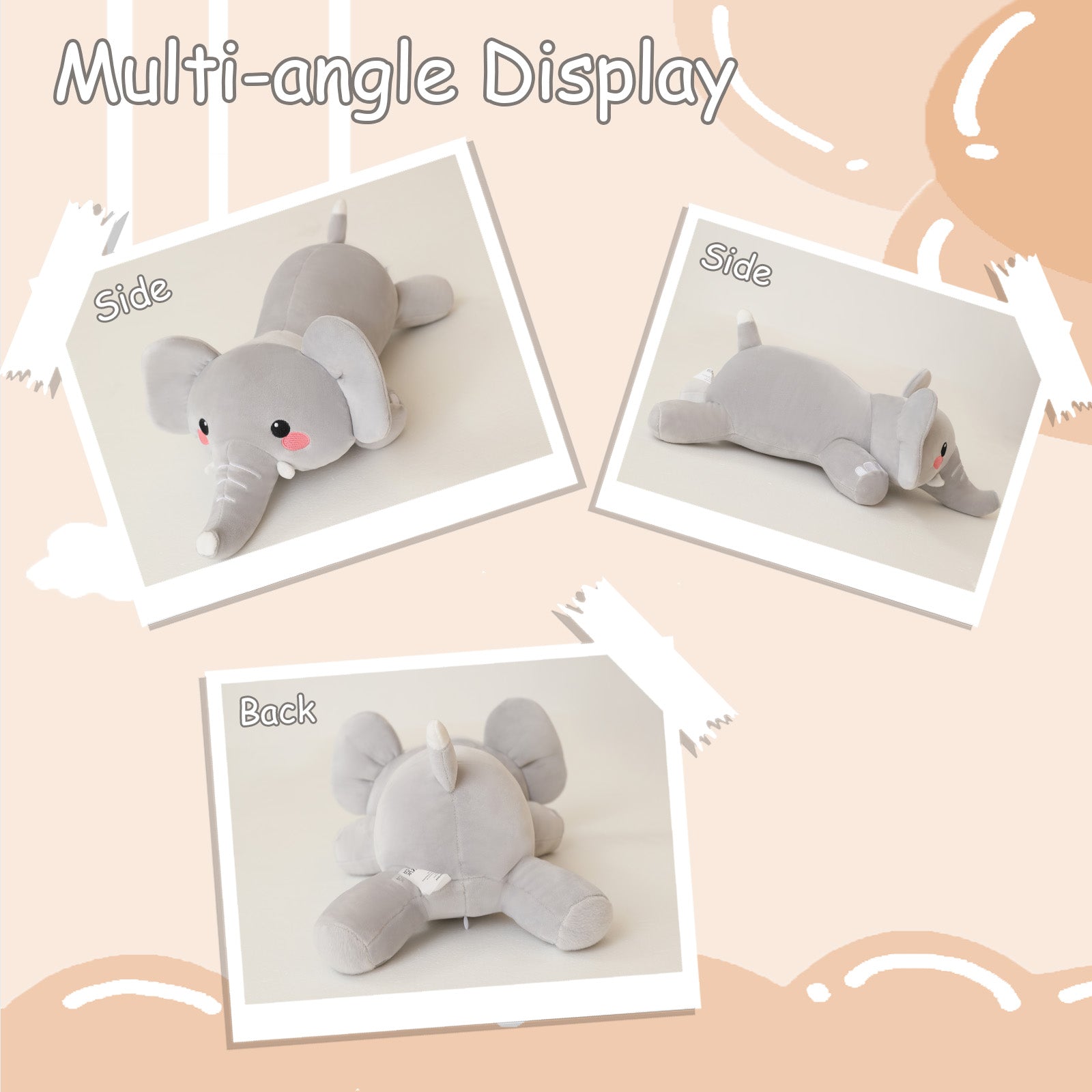 SQEQE weighted elephant stuffed animal shown from front side and back angles