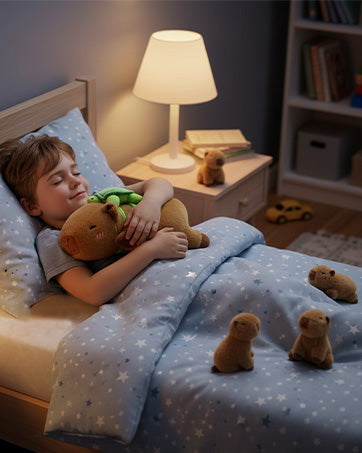SQEQE weighted capybara stuffed animal hugged by a child under warm bedroom lighting