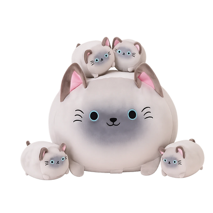 SQEQE Siamese cat plush family set with one parent stuffed animal and four baby cats