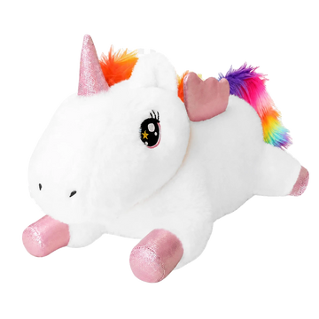 White unicorn plush toy shown individually against a dark background