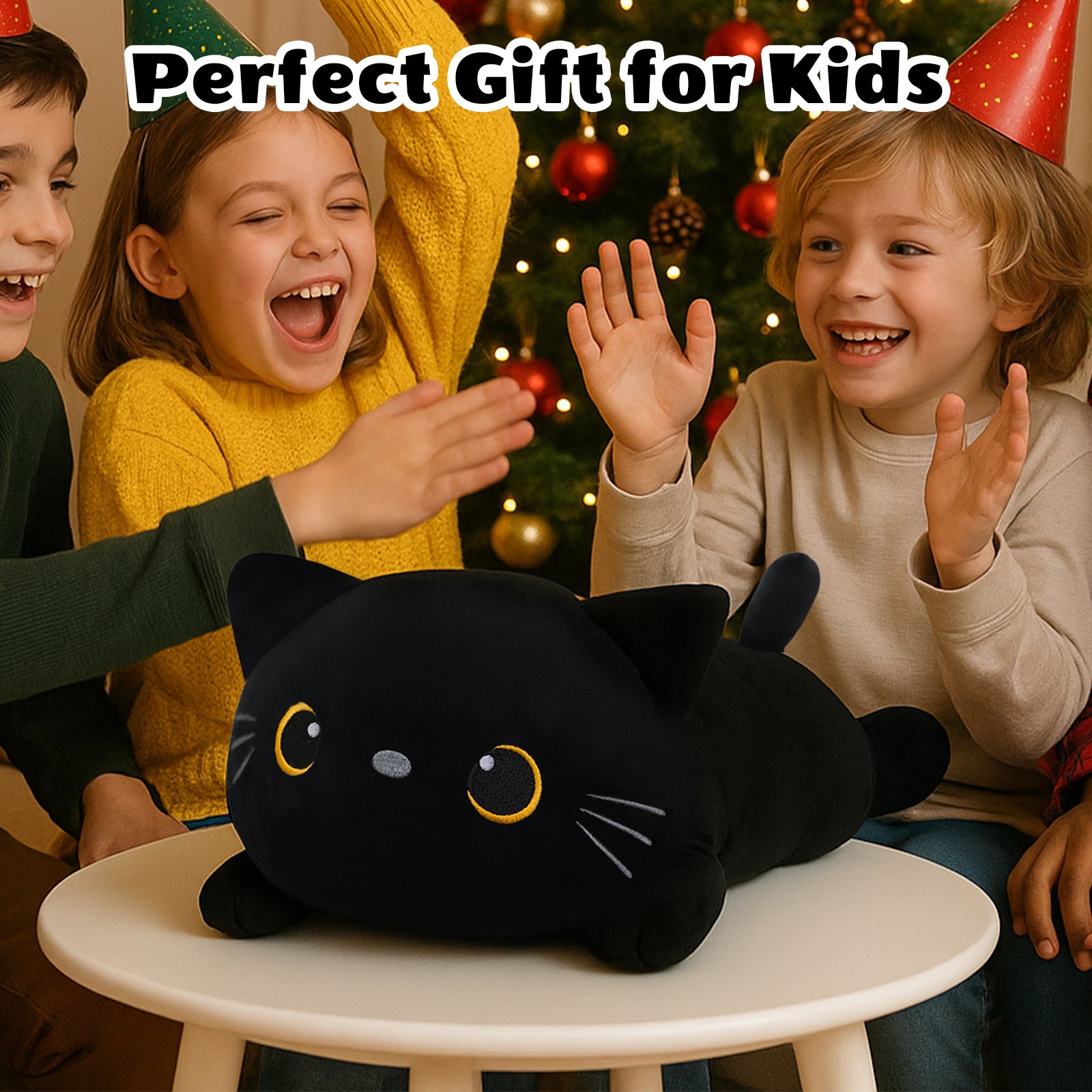 SQEQE cat stuffed animal with babies shared by children during a holiday celebration
