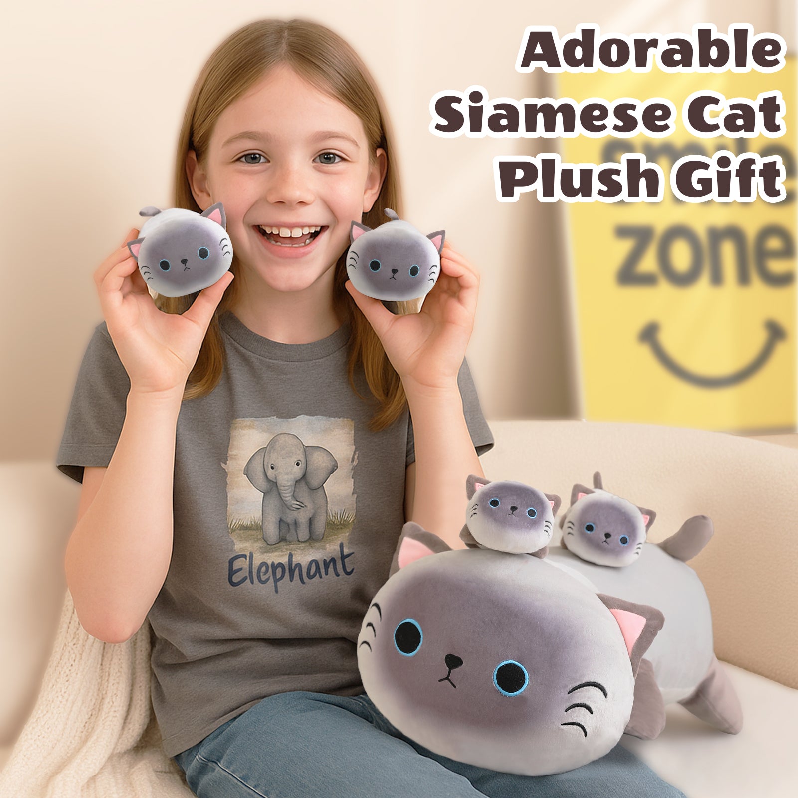 SQEQE Siamese cat stuffed animal with babies shared by a child with two baby cat plush toys