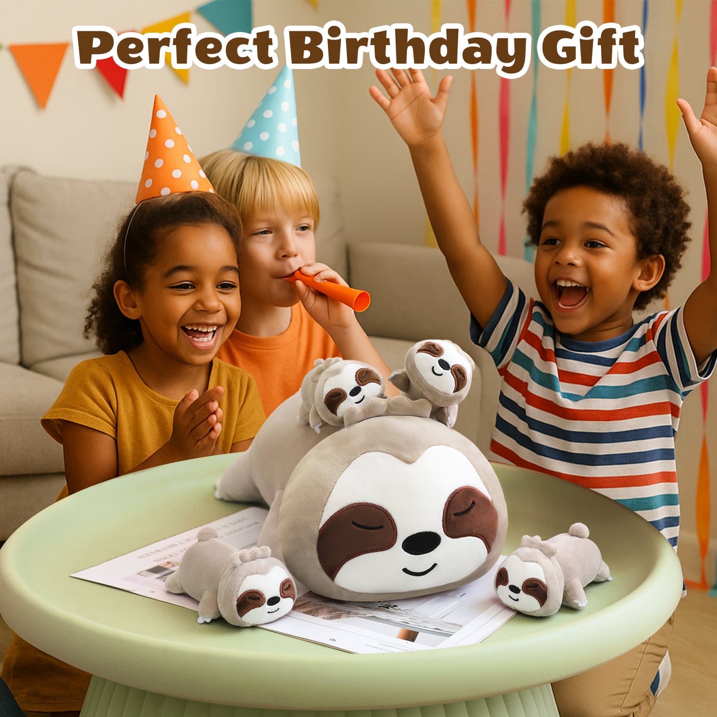 SQEQE sloth stuffed animal with babies shared by children during a birthday celebration