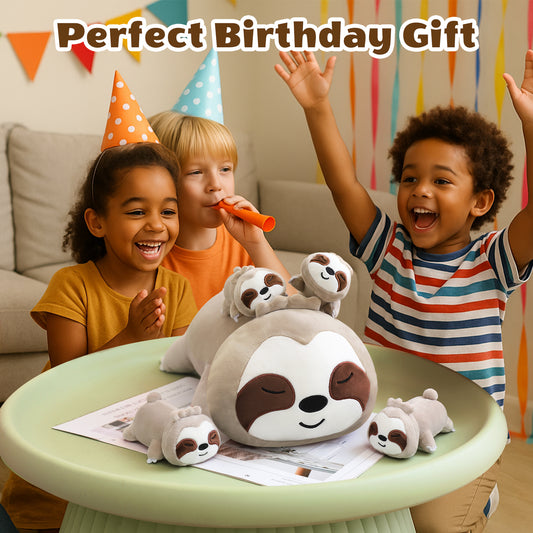 SQEQE sloth stuffed animal with babies shown in a branded plush family set display
