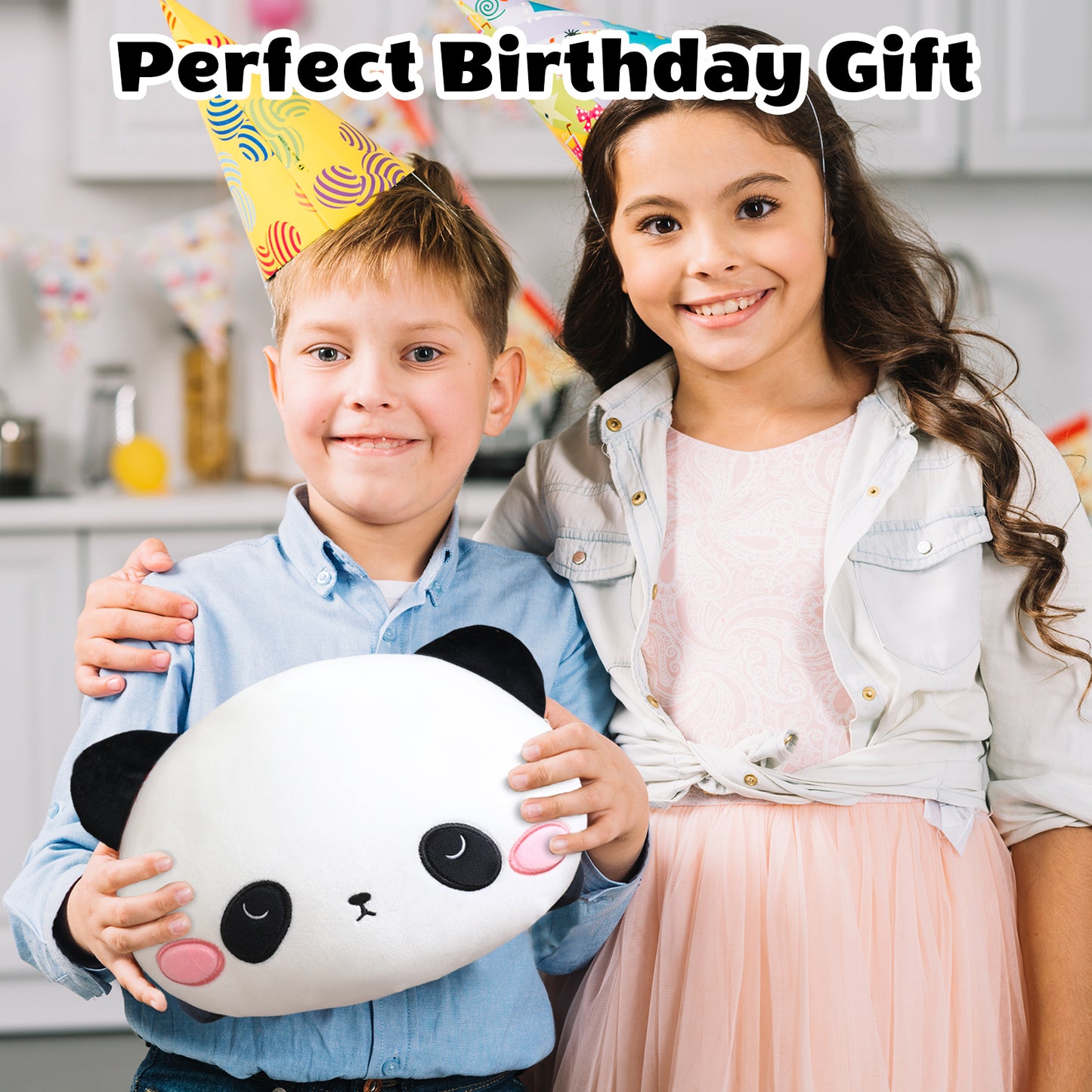 SQEQE panda stuffed animal with babies held by children during a birthday celebration