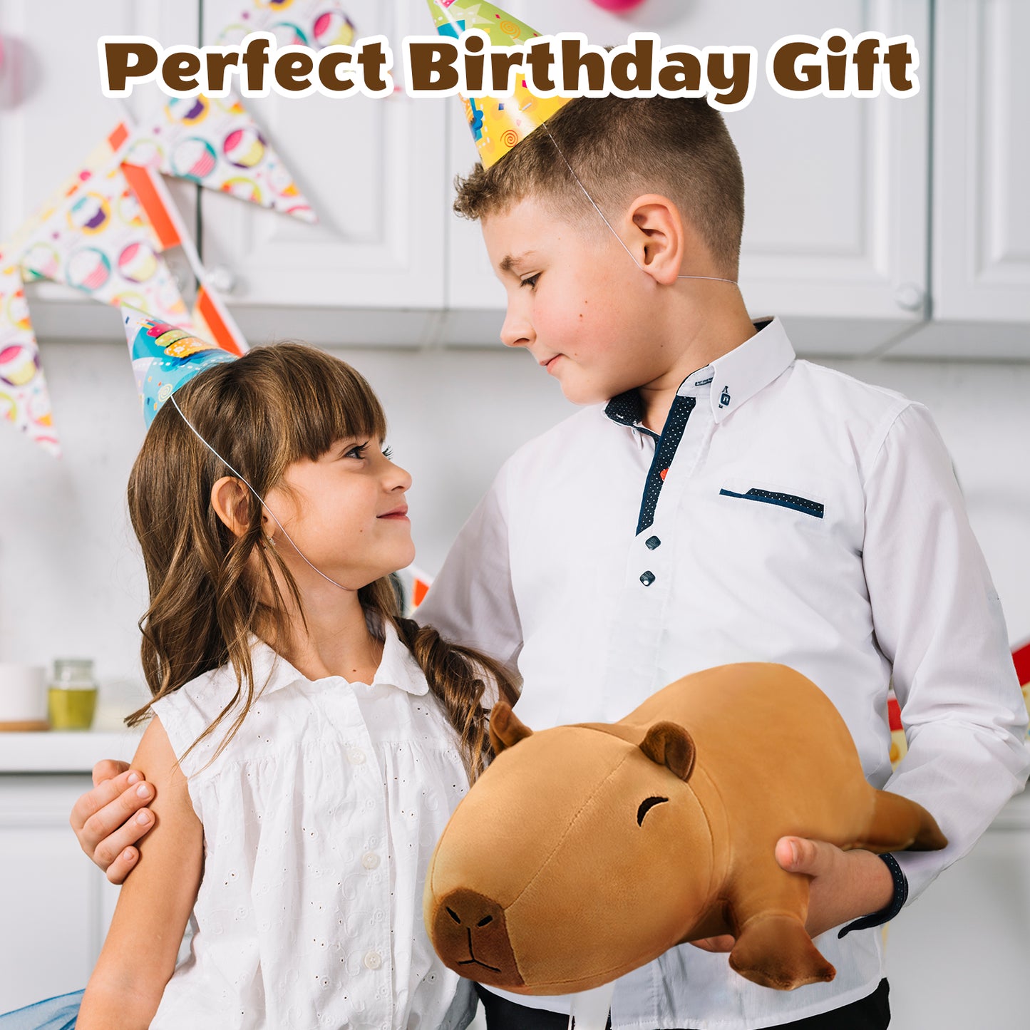 SQEQE capybara stuffed animal with babies shared by children during a birthday celebration