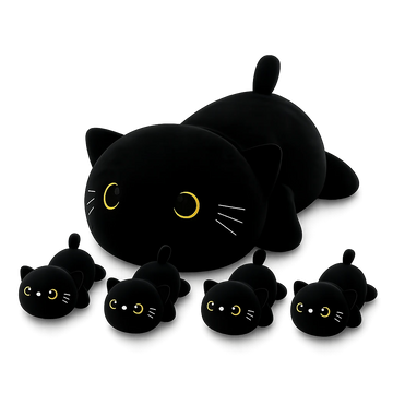 Black cat plush family set with one parent stuffed animal and four baby cats