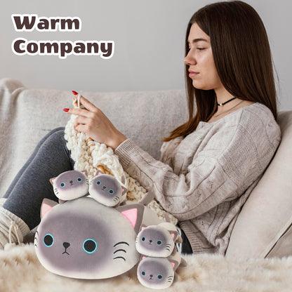 SQEQE Siamese cat stuffed animal with babies held by an adult with the baby plush toys nearby