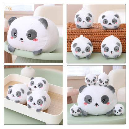 SQEQE panda stuffed animal with babies arranged in several home display configurations