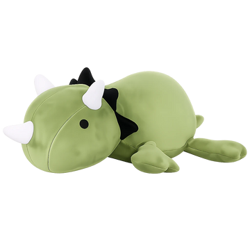 Side view of a green triceratops stuffed animal in a full product display
