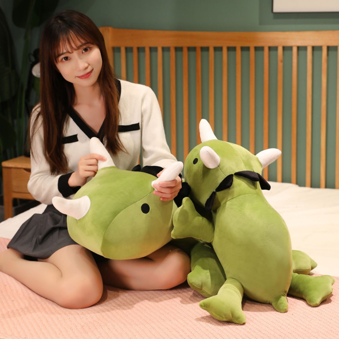SQEQE giant triceratops stuffed animal shown in a close home product view