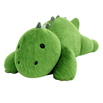 Front view of a green stegosaurus plush toy in a full product display