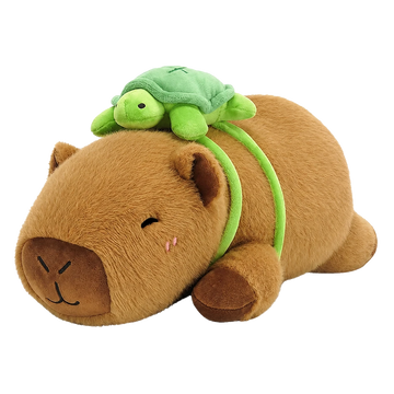 Brown capybara stuffed animal with a turtle plush displayed on top
