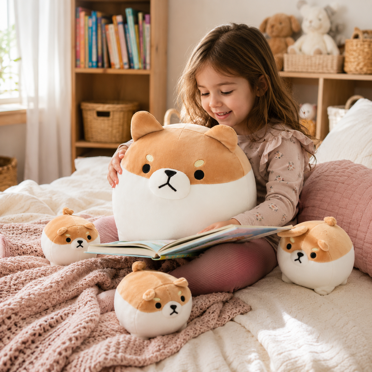 SQEQE Shiba Inu stuffed animal with babies shared by a child during reading time