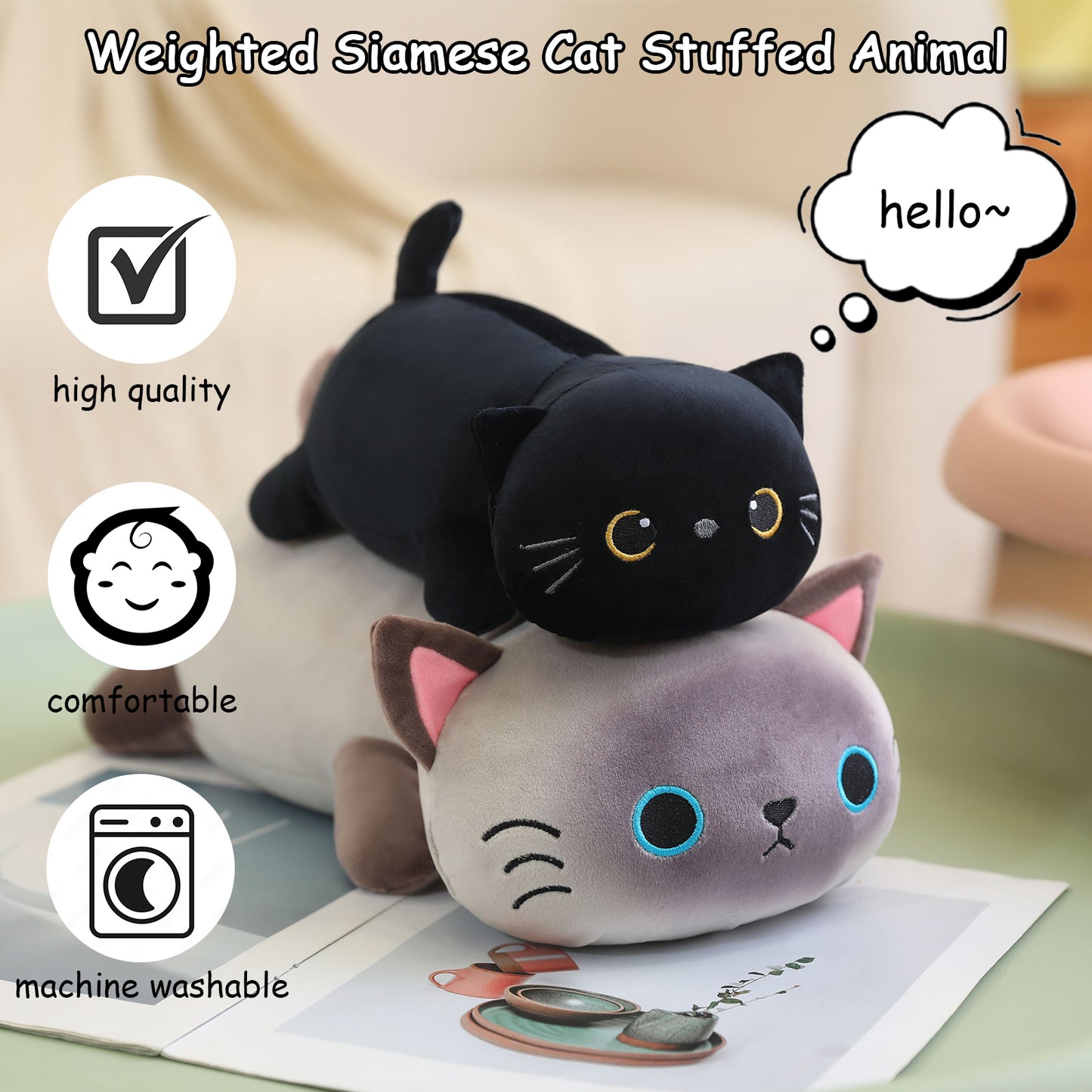 SQEQE weighted cat stuffed animal stacked in two product designs in a weighted plush graphic