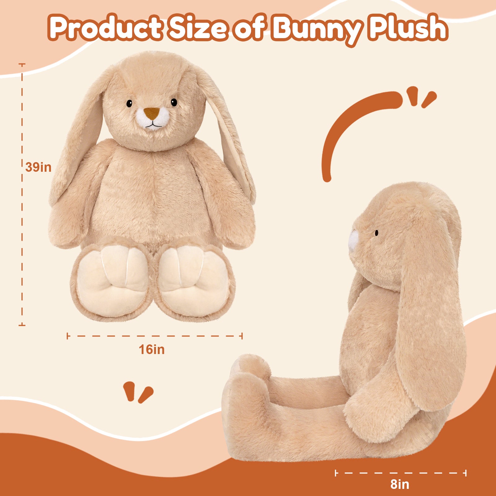 SQEQE giant bunny stuffed animal shown with height and depth measurements in a size guide