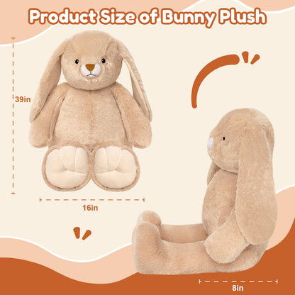 SQEQE giant bunny stuffed animal shown with height and depth measurements in a size guide
