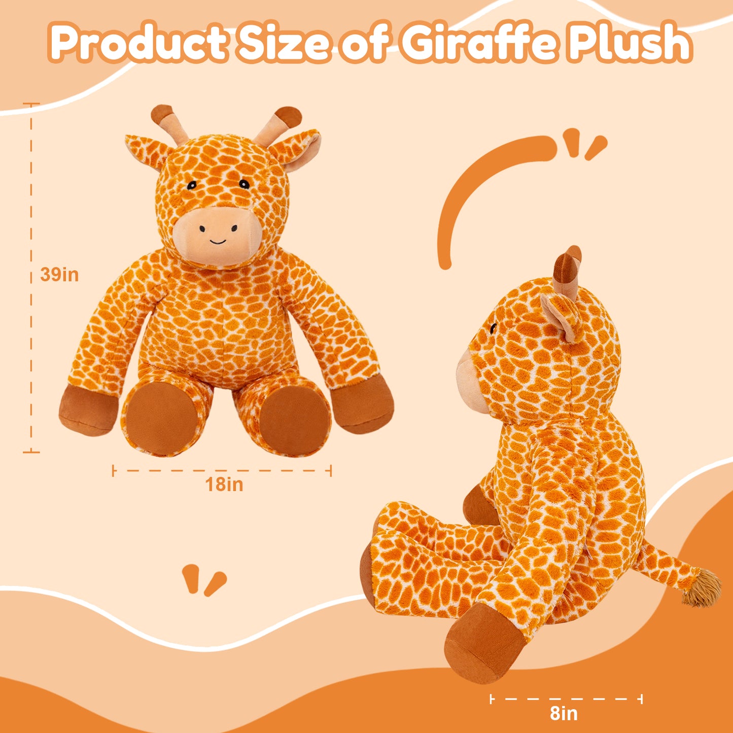 SQEQE giant giraffe stuffed animal shown in a duplicate size guide with front and side measurements