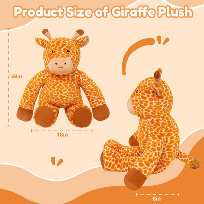 SQEQE giant giraffe stuffed animal shown in a duplicate size guide with front and side measurements