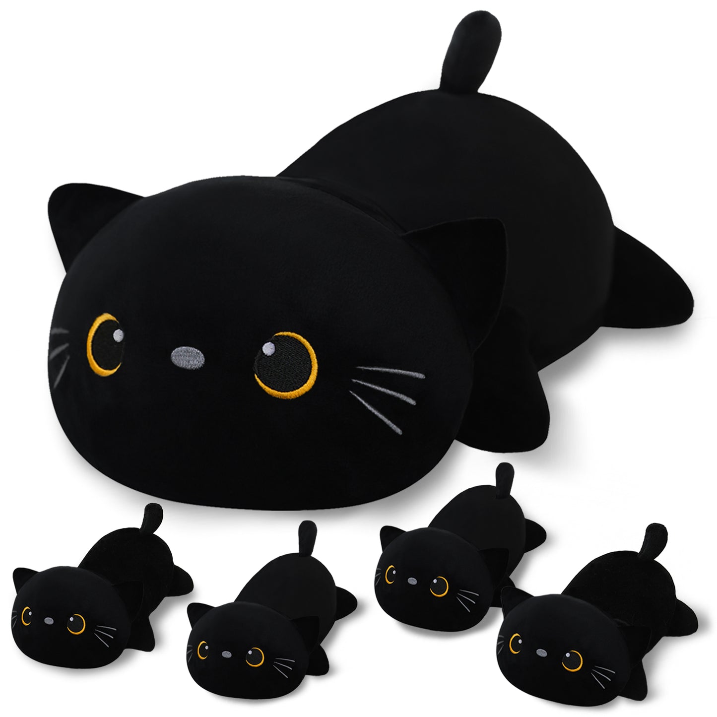 SQEQE cat stuffed animal with babies displayed with four baby cat plush toys on a plain background