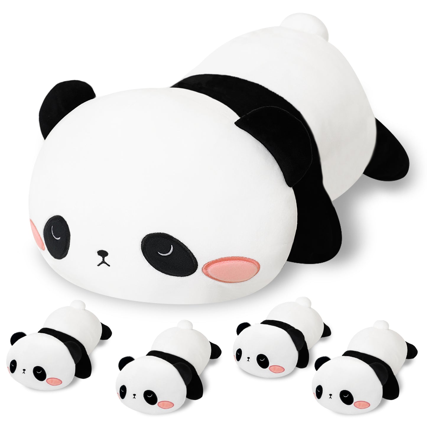 SQEQE panda stuffed animal with babies displayed with four baby panda plush toys in a wide product view