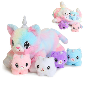 SQEQE caticorn stuffed animal with babies displayed with four baby caticorn plush toys on a plain background