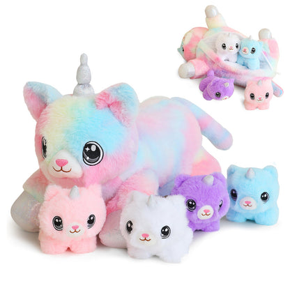 SQEQE caticorn stuffed animal with babies displayed with four baby caticorn plush toys on a plain background