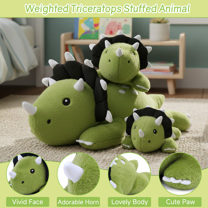 SQEQE weighted triceratops stuffed animal shown in a plush feature and construction guide